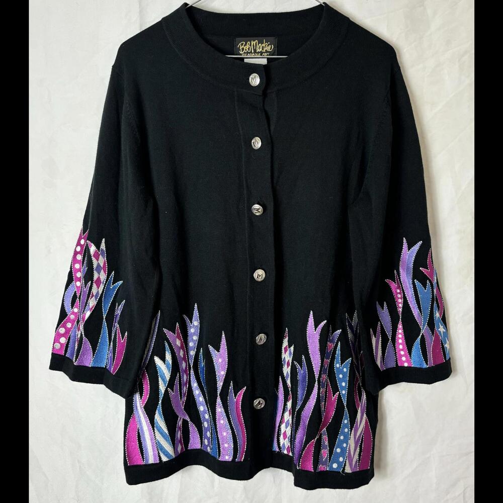 Bob Mackie Wearable Art Black Knit Cardigan with Colorful Embroidery - Size S